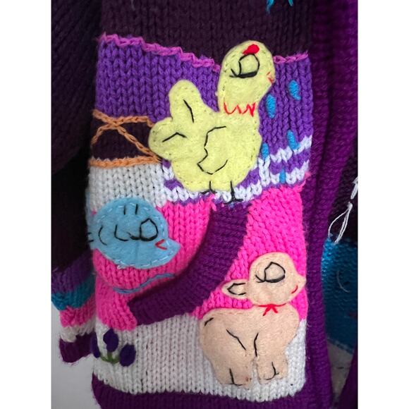 Handmade Peru Alpaca Llama Bird Knit Sweater Hoodie 2T 3T Purple Bright Colors - Picture 2 of 10